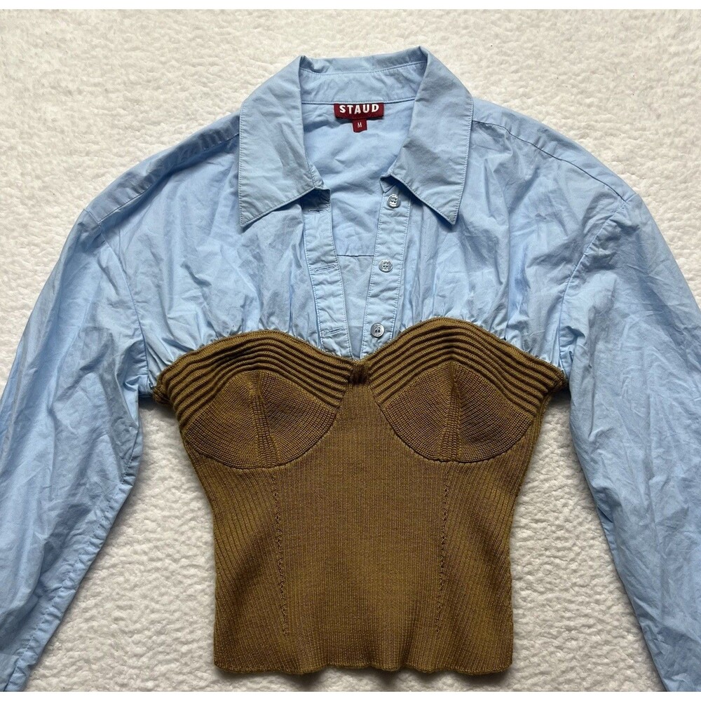 Staud Top Womens M Hazel Layered Wool Blend Paneled Rib Knit Preppy Minimalist